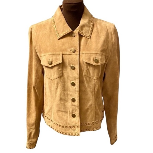 Tribal Suede Tan Leather Jacket With Gold Sequin & Beaded Trim, Womens size 10 - Picture 16 of 16